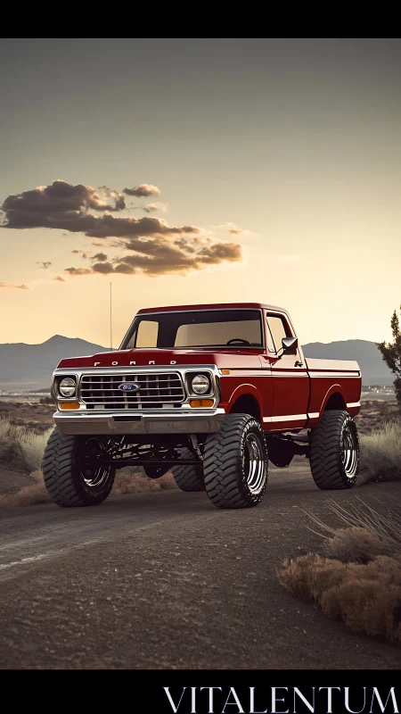 Sunset trail ride with a lifted classic red Ford truck.