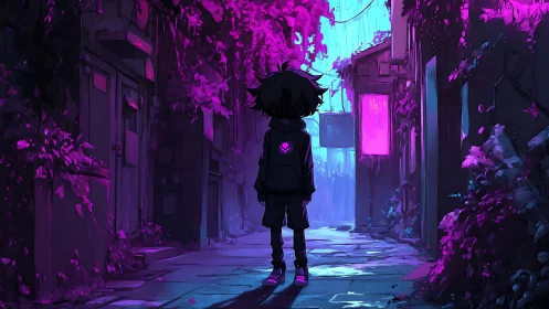 Solitary child stands in neon alley under glowing foliage