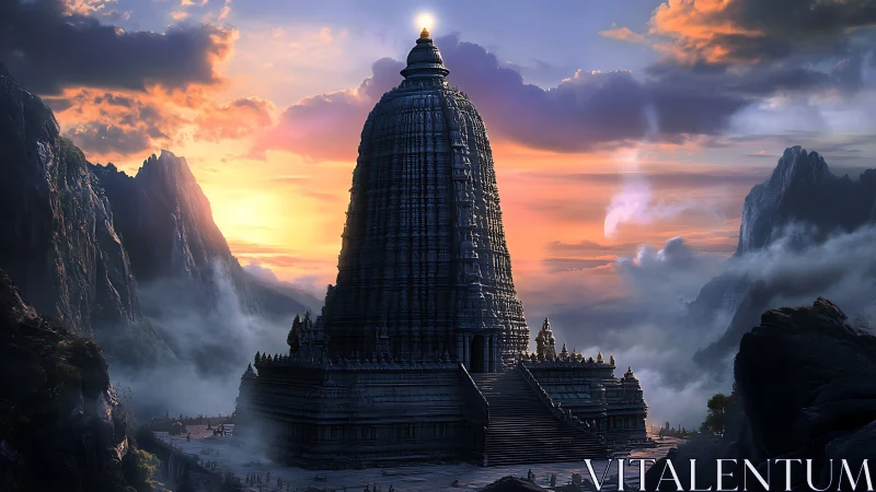 Vertical stone ziggurat-temple amid stratified misty mountains.