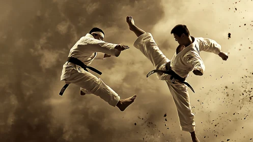 Karate masters clash midair with explosive flying kicks.
