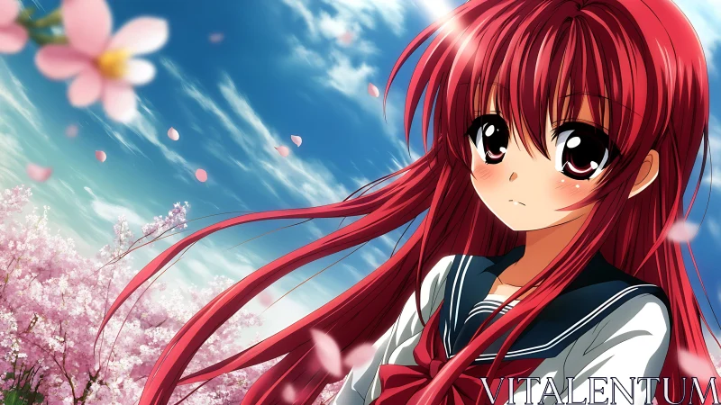 Red haired anime schoolgirl under drifting cherry blossoms.