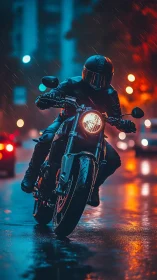Neon-lit rider carving through rain on reflective city street.