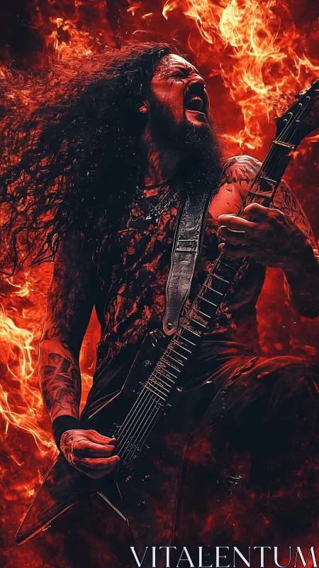 Metal guitarist roars amid blazing inferno of stage fire.