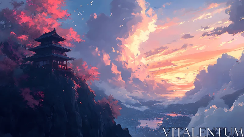 Clifftop temple overlooks glowing sunset sky above valley