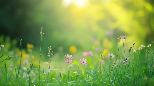 Wildflower Meadow in Soft Focus: Pink and Yellow Blooms.