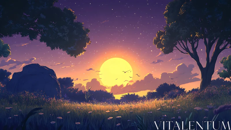 Sunset over quiet meadow with trees and glowing sky.