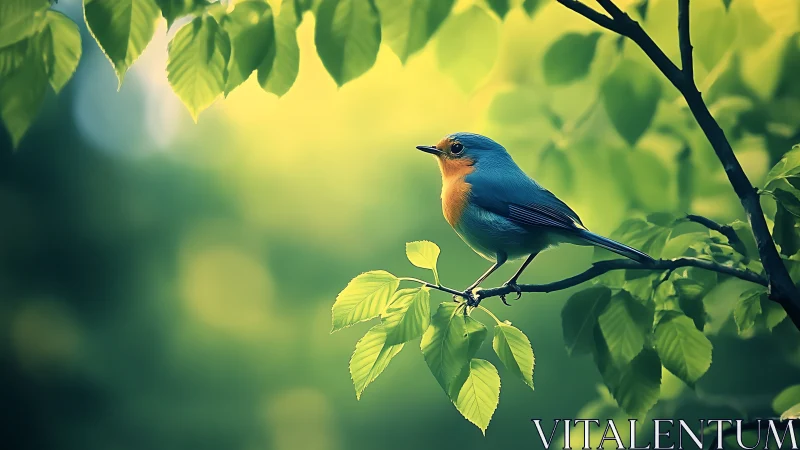 Vibrant Songbird on Leafy Branch in Soft-Focus Nature Scene.