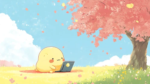 Cute yellow blob character using laptop under pink blossom tree