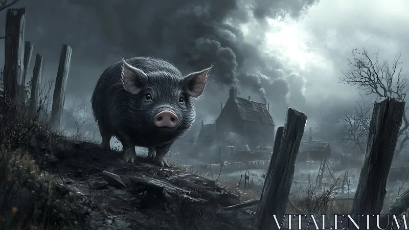 Brooding farmyard sentinel pig in stormy post-apocalyptic fog.