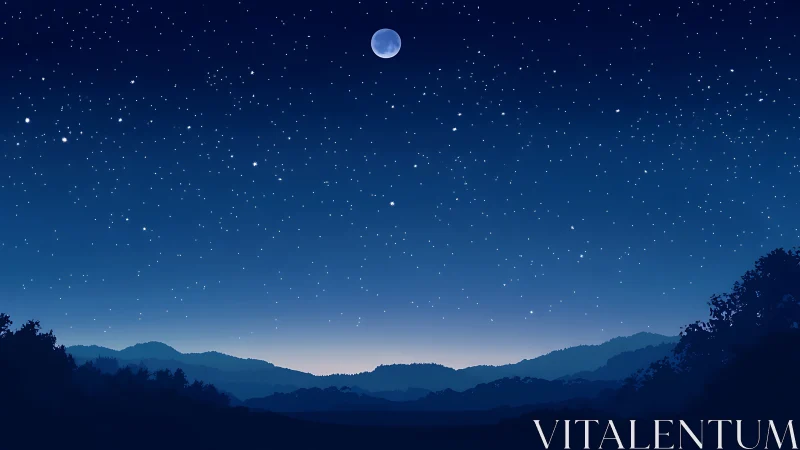 Moonlit starfield arches over layered twilight mountains