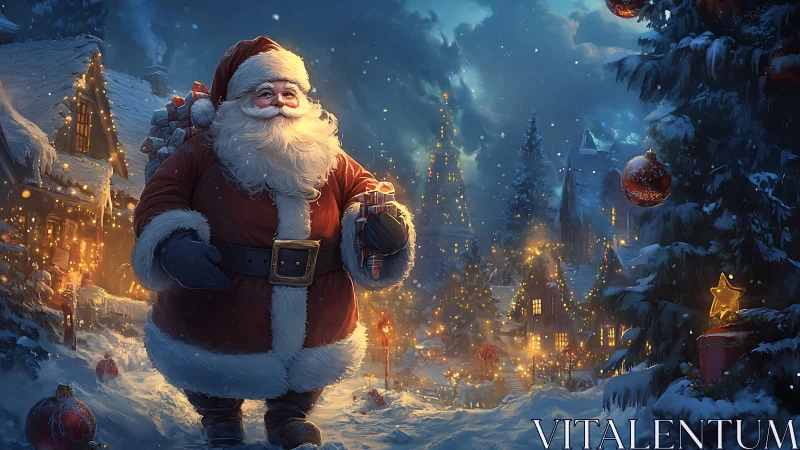 Snowy village Santa carrying gifts through warm lantern glow.