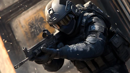 Tactical operator advances with compact rifle in urban corridor