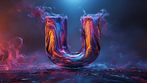 Molten chromatic letter U in volumetric neon vapor field