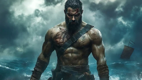 Storm-worn warrior rising from a wild and roaring sea.