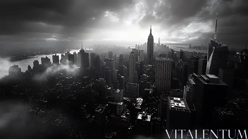 Monochrome city skyline stands under dense storm clouds