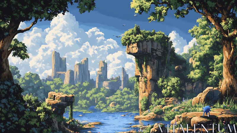 Pixel landscape depicts lush canyon ruins with distant skyline