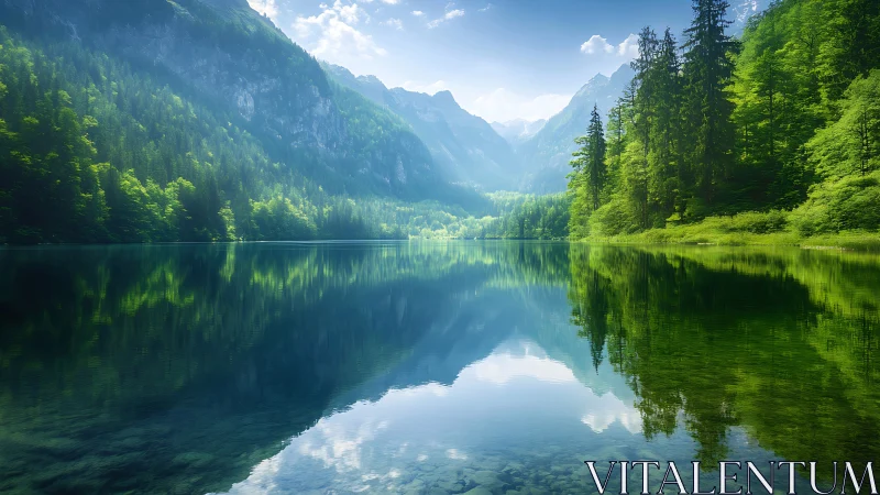 Mountain lake mirrors lush forest under clear summer sky.