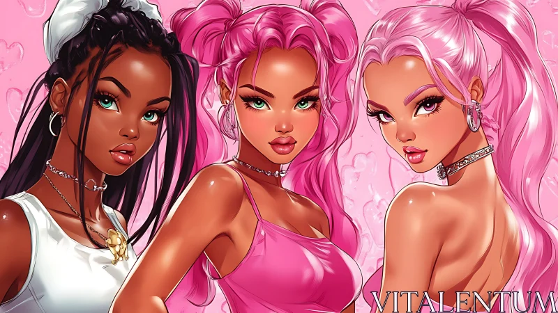 Confident pink squad of stylish friends glowing with attitude.