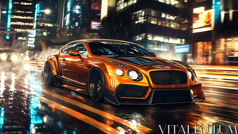 Orange sports coupe on wet neon city street at night.