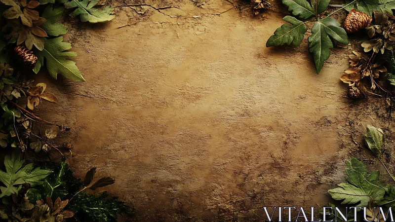 Rustic forest frame borders textured brown stone background.