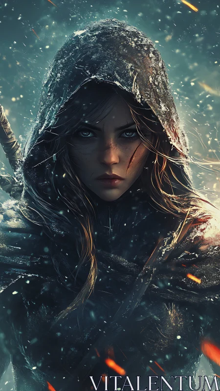 Hooded winter huntress in dynamic ember-laced snowfall portrait.