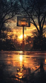 Outdoor basketball hoop on wet court at dramatic sunset.