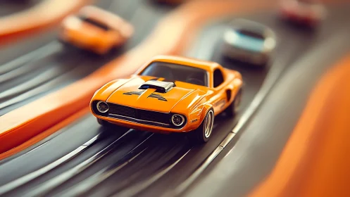 Orange slot car surging along curving plastic racetrack.