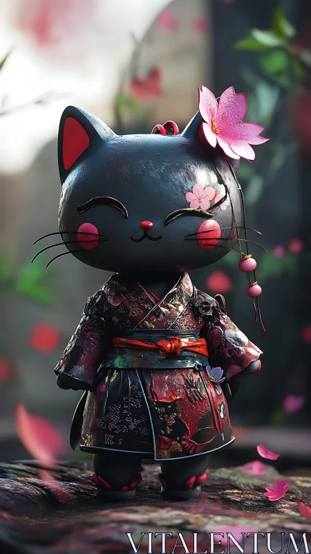 Kokeshi-style lucky cat figurine in ornate sakura kimono.