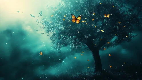 Luminous monarch tree in teal nocturne digital painting.