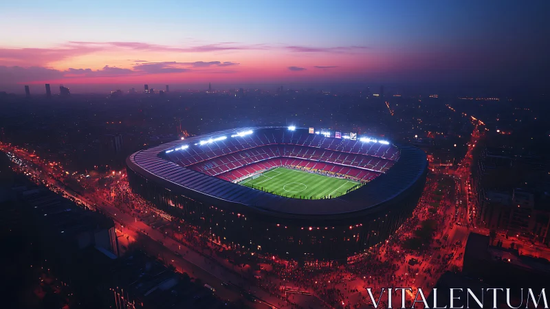 Floodlit football stadium glows over dense city at dusk.