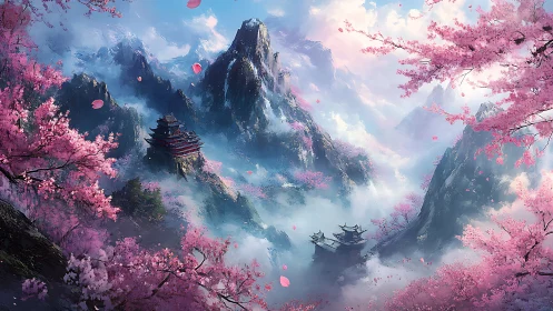 Misty sakura mountain valley with tiered pagodas and drifting petals