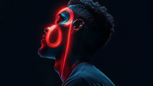 Profile portrait with red neon contour lighting traces face
