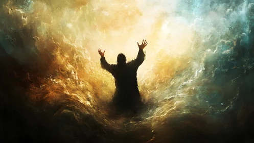 Silhouetted figure raises arms within turbulent glowing void