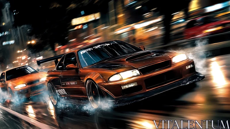 Midnight tuner street race on neon drenched wet city road.