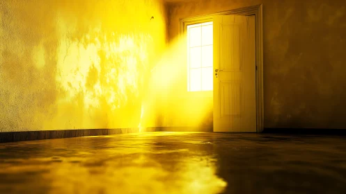 Sunlit doorway projects intense yellow light into empty room
