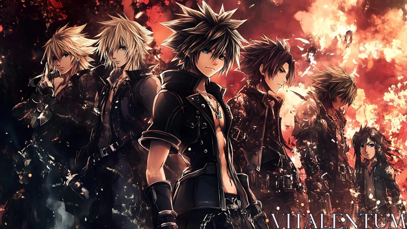 Blazing anime warriors stride through a storm of embers.