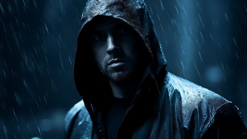 Hooded man in dark rainy urban setting at night.