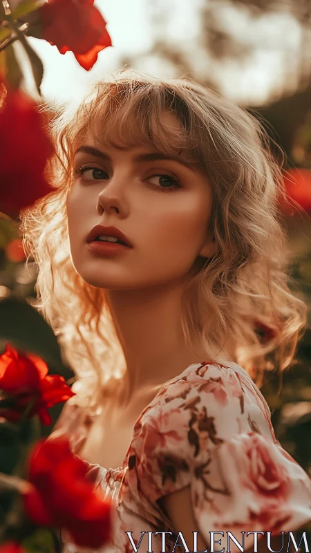 Sunlit blonde portrait framed by vivid red garden roses