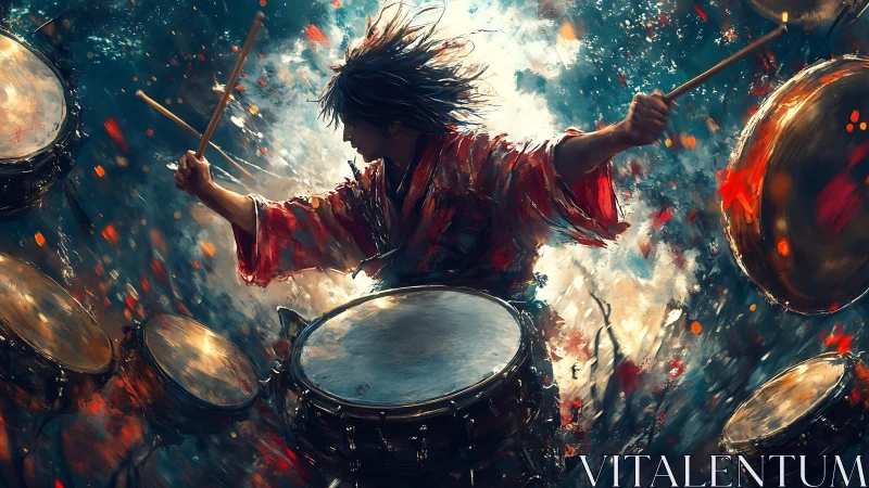 Dynamic taiko drummer enveloped in explosive brushwork.