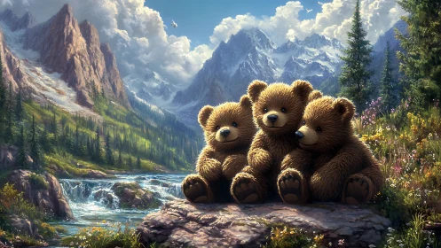 Three bear cubs resting on rock in bright mountain valley