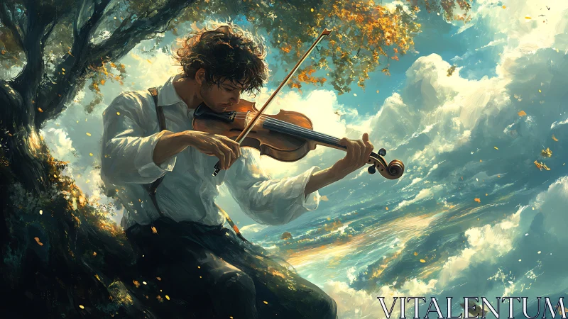 Violinist playing under tree amid bright swirling clouds.
