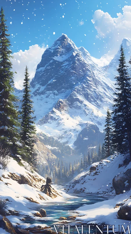 Vertical alpine panorama shows snow-clad peak and glacial stream