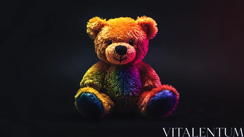 High-saturation plush teddy bear under dramatic rim lighting