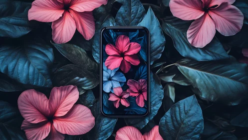 Smartphone displaying floral composition among botanical foliage.
