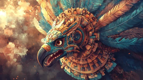 Aztec mechanical bird mask spreads radiant turquoise feathers