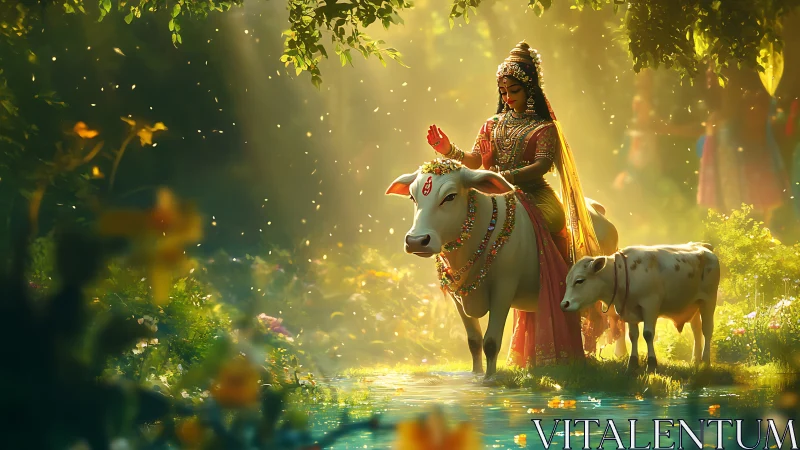 Mythic woman and sacred cows in sunlit riverine glade