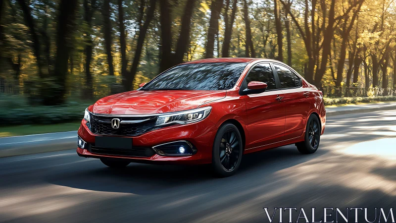 Red sport sedan gliding through sunlit forest roadways.
