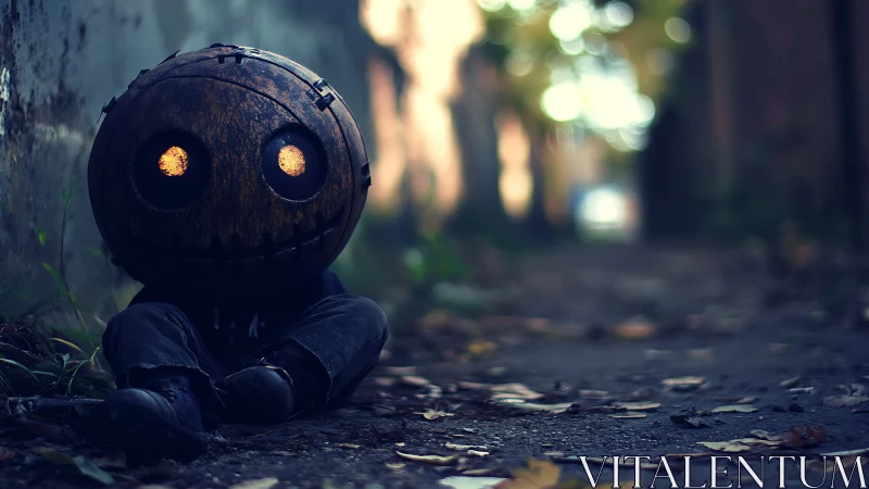 Rusty pumpkin wanderer waits softly in a blurred alleyway