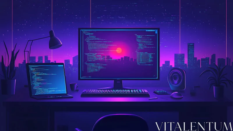 Neon-lit coding desk overlooks a futuristic cyber cityscape
