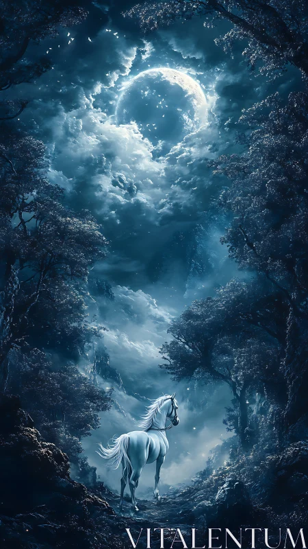 Moonlit silver stallion pauses beneath a dreaming sky